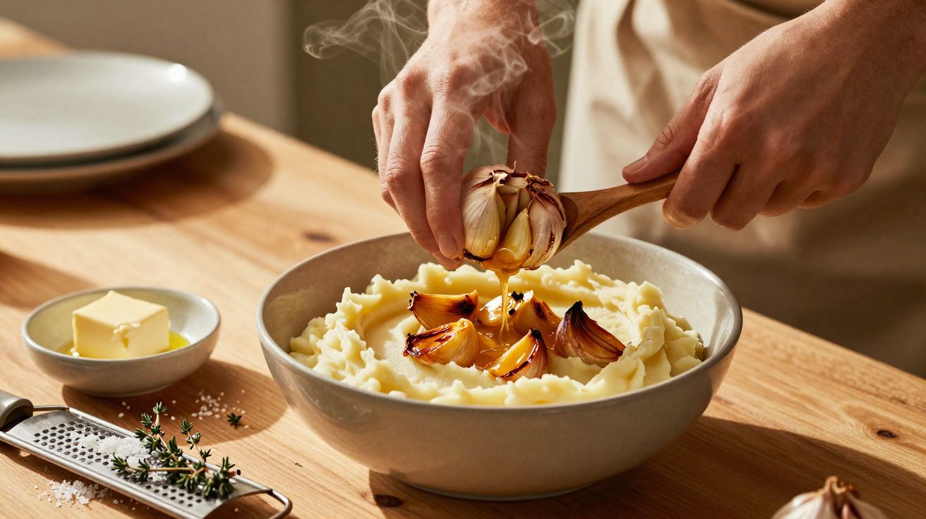 Mains ajoutant de l'ail rôti sur une purée de pommes de terre dans un bol sur une table en bois.