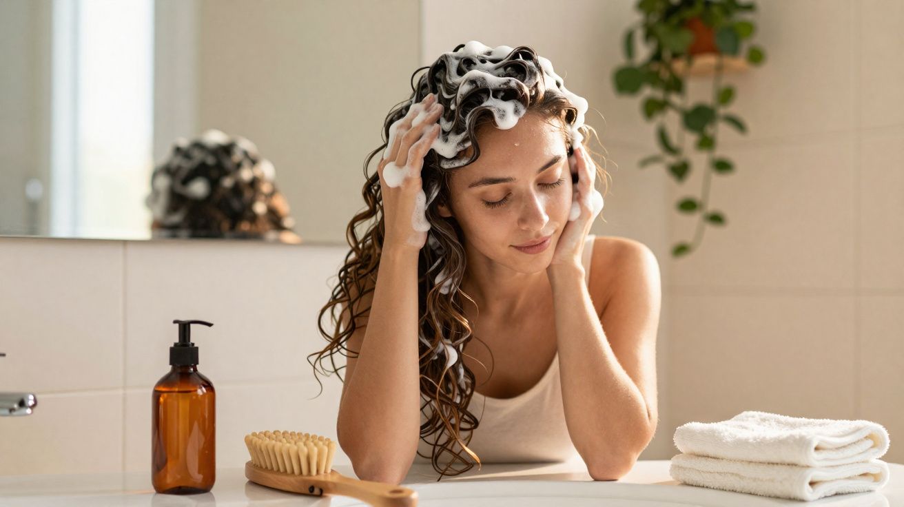 Femme lavant ses cheveux avec du shampooing mousseux dans une salle de bain lumineuse moderne.