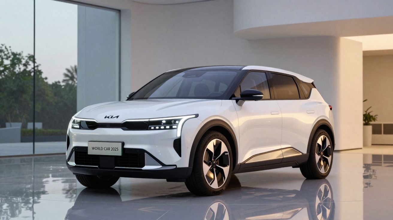 Voiture électrique blanche Kia moderne avec toit noir, stationnée dans un showroom lumineux au sol brillant.