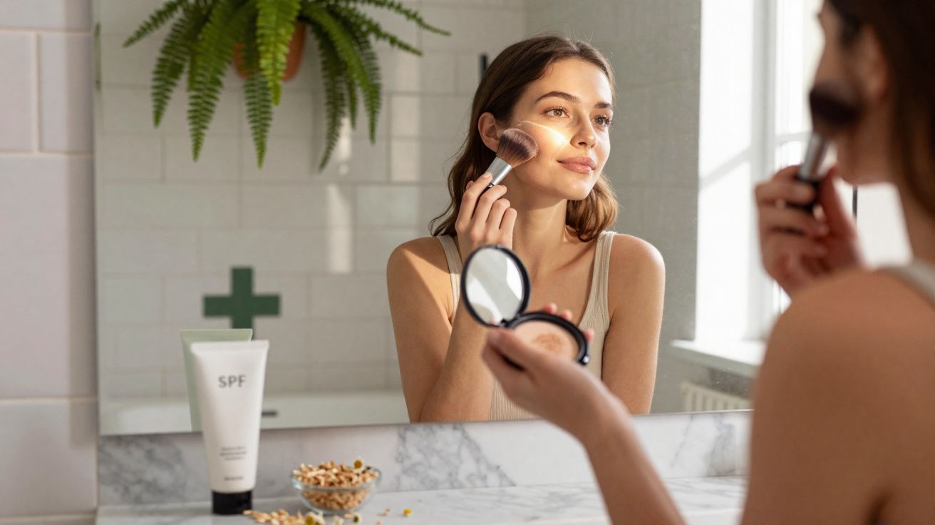 Femme appliquant du maquillage avec un pinceau devant un miroir dans une salle de bain lumineuse.