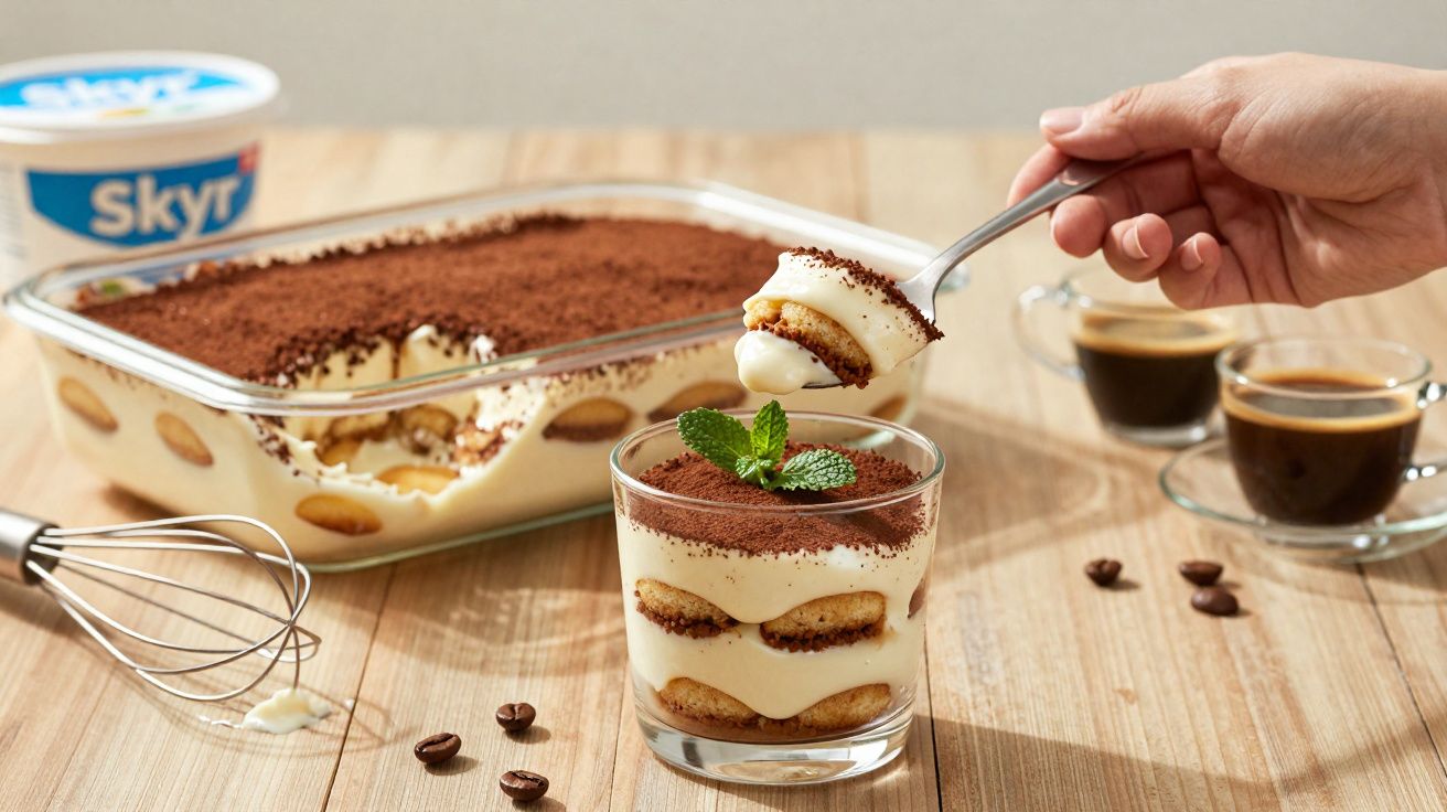 Tiramisu crémeux dans un verre avec une cuillère, plat en verre, deux cafés et pot de skyr en arrière-plan.