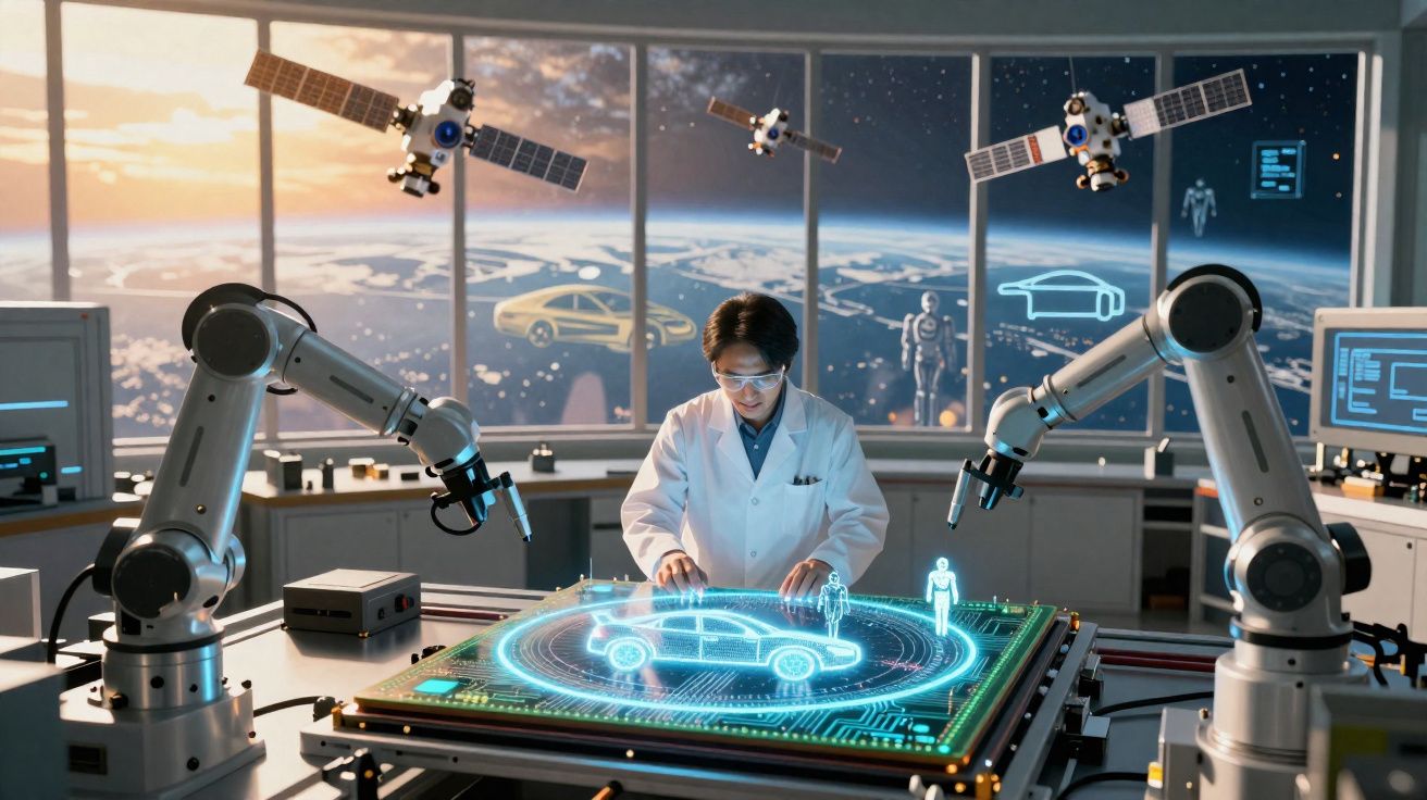 Scientifique dans un laboratoire futuriste conçoit une voiture numérique avec robots et satellites.