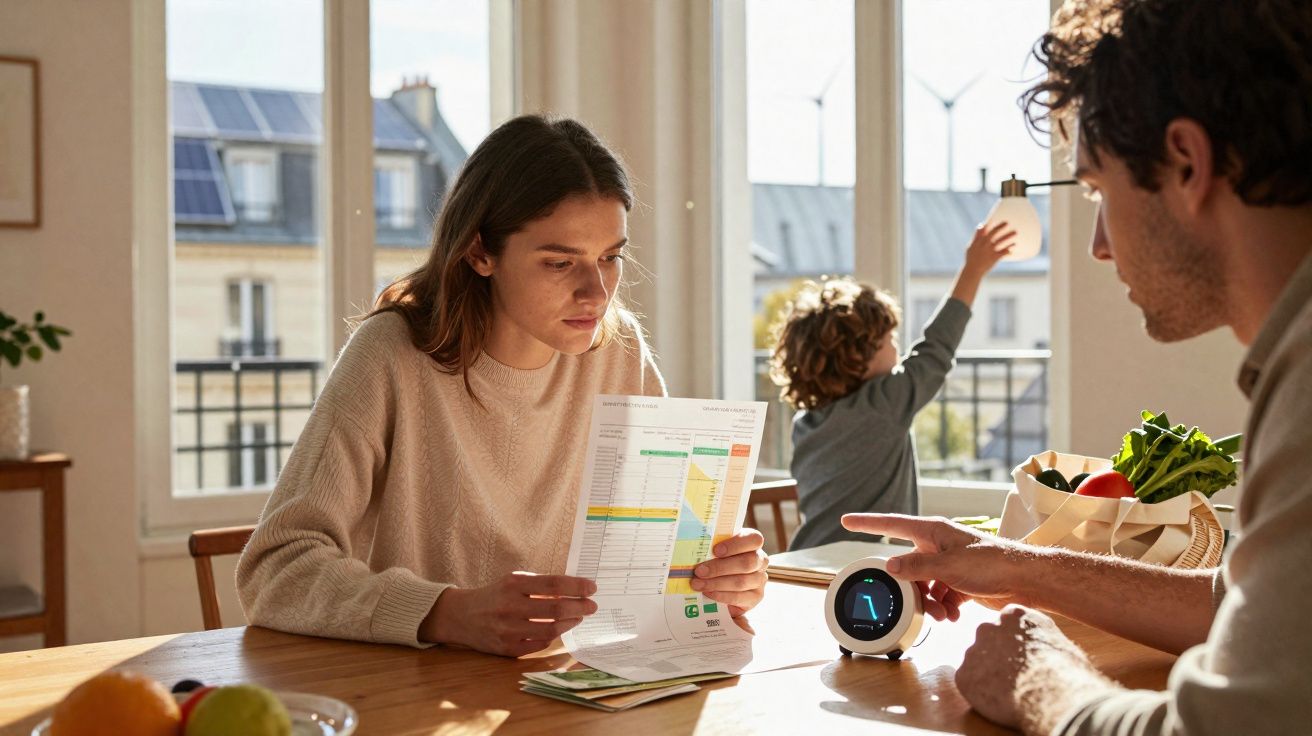 Famille à table, femme lit facture d’électricité, homme utilise compteur intelligent, enfant joue près de la fenêtre.