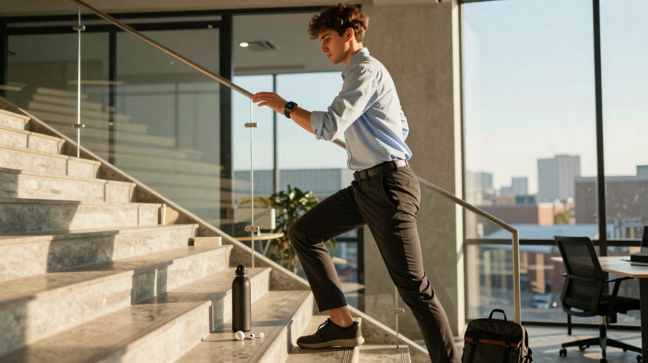 Jeune homme en tenue professionnelle montant des escaliers dans un bureau lumineux avec vue urbaine.