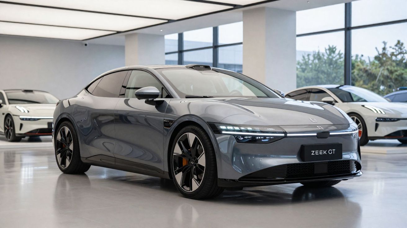 Voiture électrique sportive grise ZEEK GT exposée dans un showroom moderne avec grandes fenêtres.