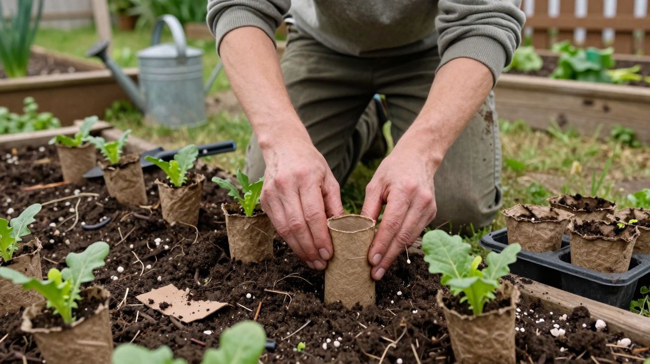 Mains d'une personne replantant une jeune pousse dans un pot biodégradable dans un jardin potager.