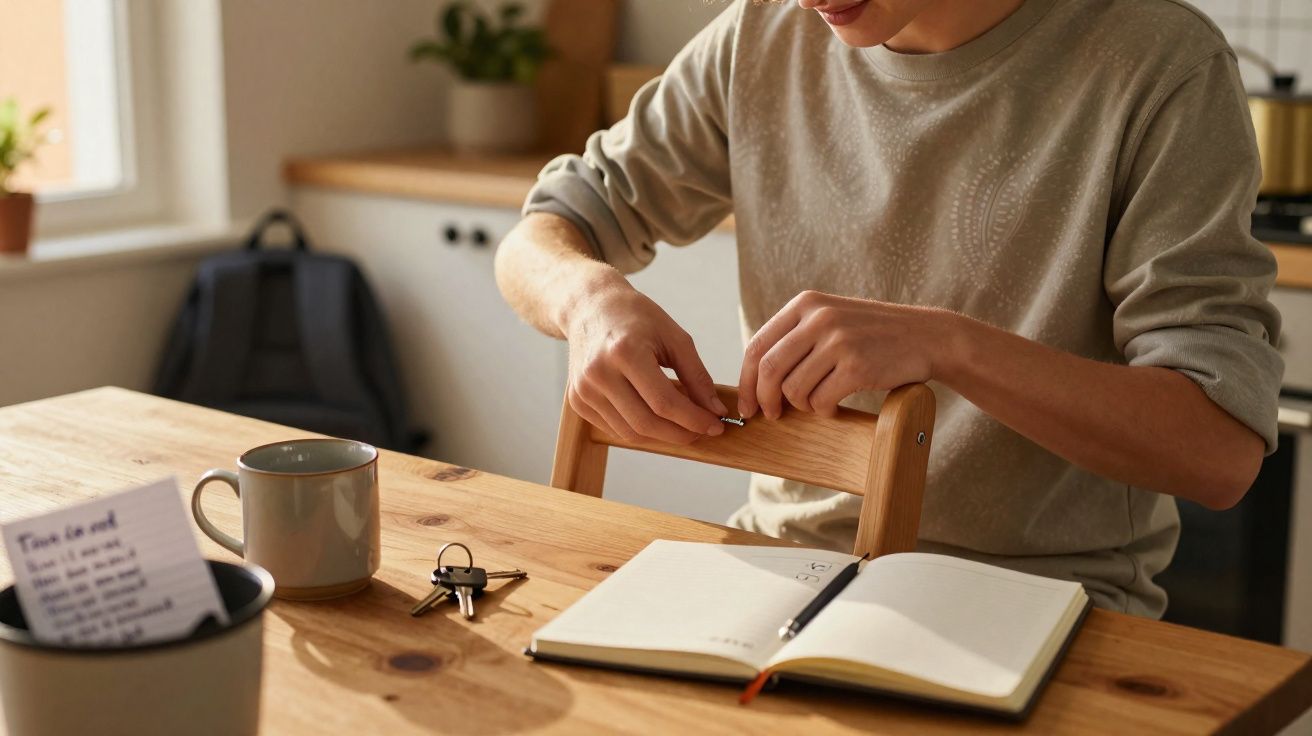 Jeune homme assis à une table en bois avec un carnet ouvert, une tasse, et un trousseau de clés.