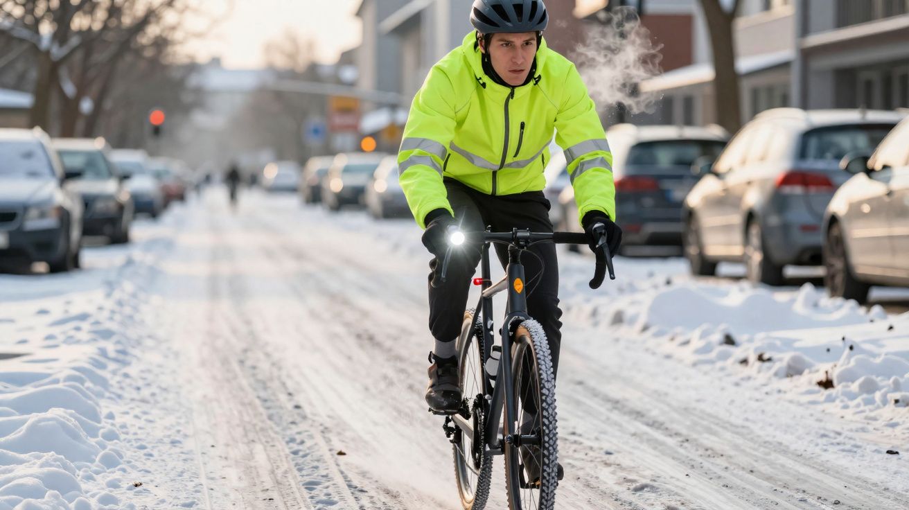 Cycliste en veste jaune fluo avec casque roulant sur une route enneigée en milieu urbain.