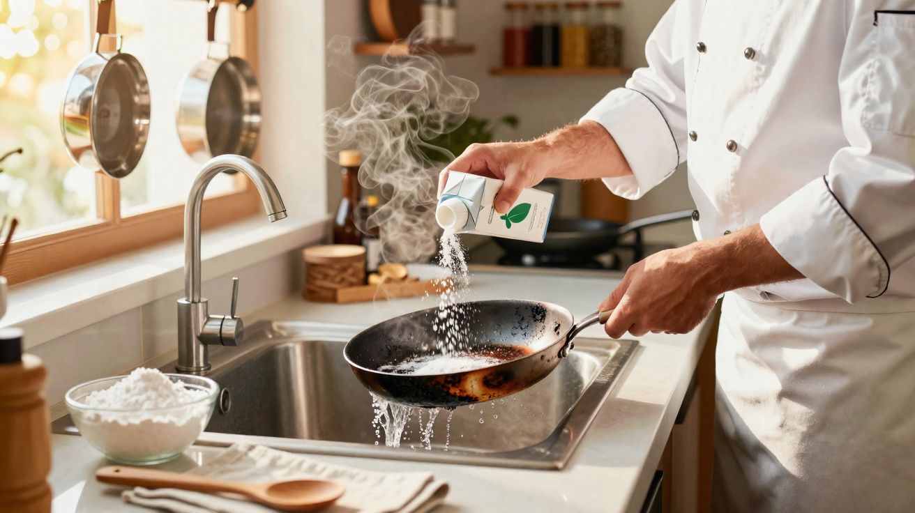 Chef versant du sel dans une poêle fumante au-dessus de l'évier dans une cuisine lumineuse.