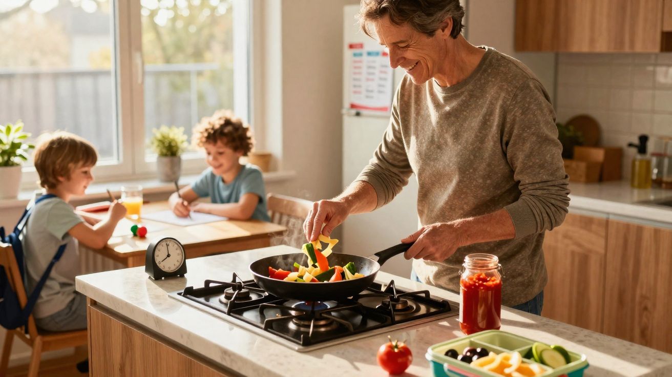 Un homme cuisine des légumes dans une poêle pendant que deux enfants font leurs devoirs à table.