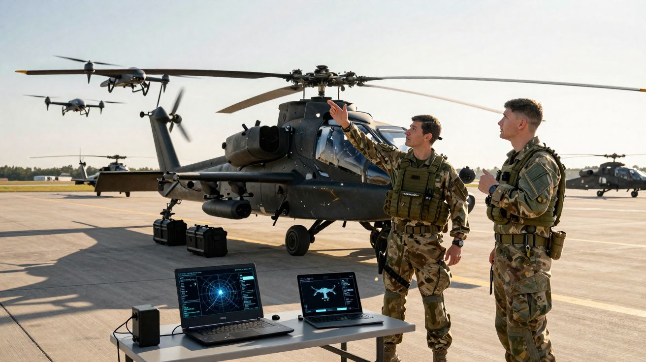 Deux soldats en uniforme devant un hélicoptère d'attaque avec des drones volants et ordinateurs sur une table.