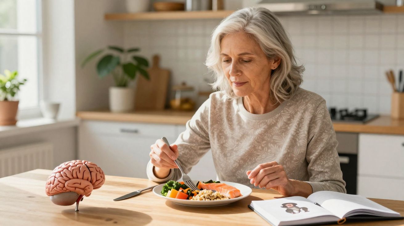 Femme âgée mangeant un repas sain à la cuisine, avec un modèle de cerveau et un livre ouverts sur la table.