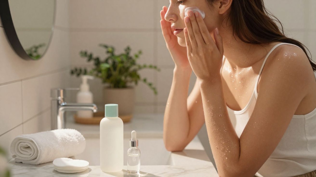 Jeune femme appliquant une crème visage dans une salle de bain lumineuse avec des produits de soins sur le lavabo.