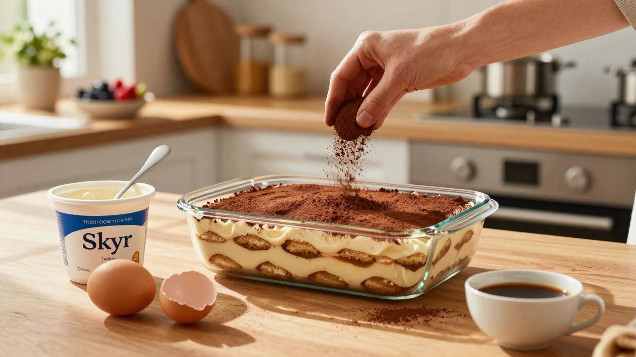 Main saupoudrant du cacao sur un tiramisu dans un plat en verre, avec œufs, yaourt et café sur la table.