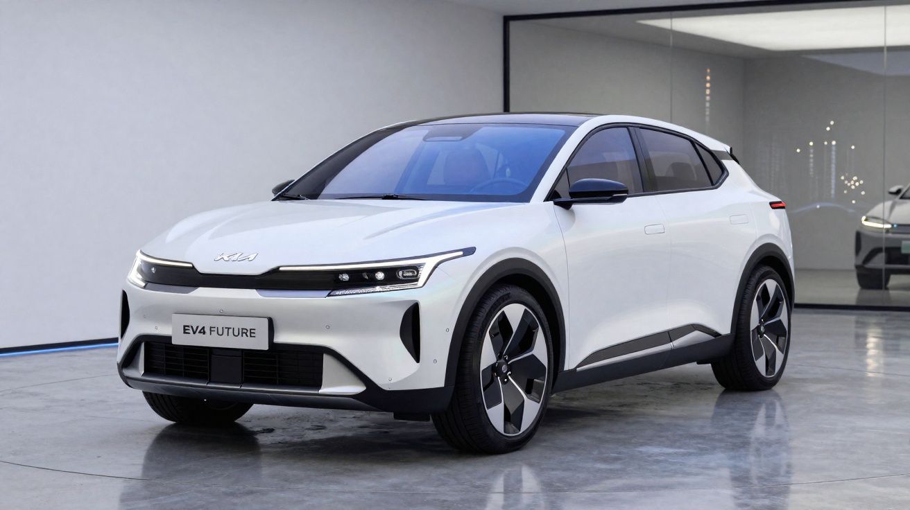 Voiture électrique blanche KIA EV4 Future garée dans un showroom moderne avec sol en béton poli.