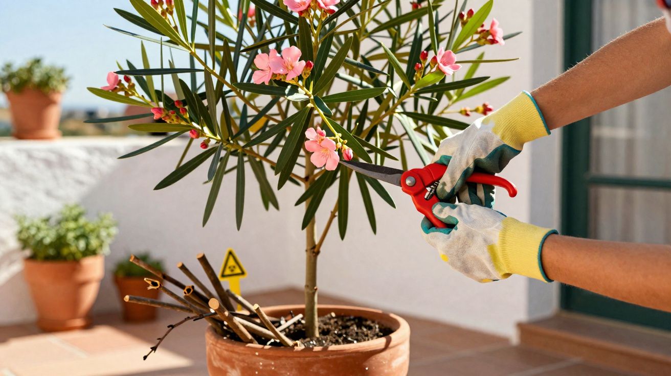 Personne en gants taillant une plante fleurie rose dans un pot en terre cuite sur une terrasse ensoleillée.