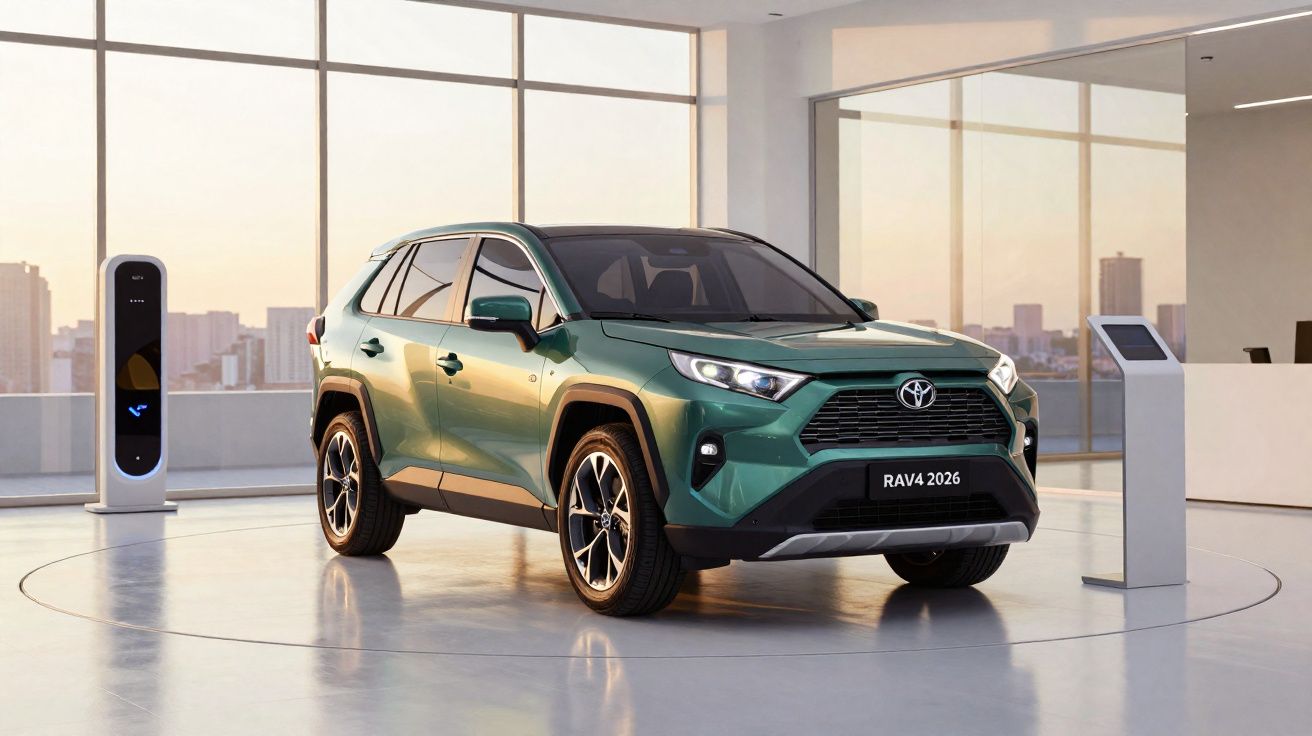 SUV Toyota RAV4 2026 vert exposé dans un showroom lumineux avec bornes de recharge électrique.