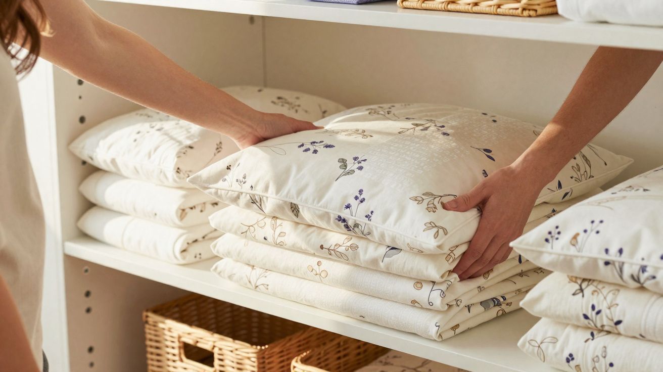 Deux personnes rangent des coussins à motifs floraux sur une étagère blanche.