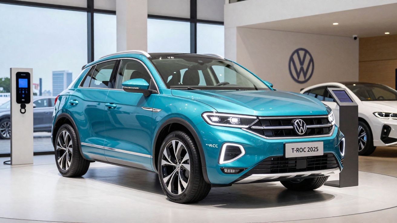 Voiture électrique Volkswagen T-ROC 2025 bleu exposée en concession avec borne de recharge.