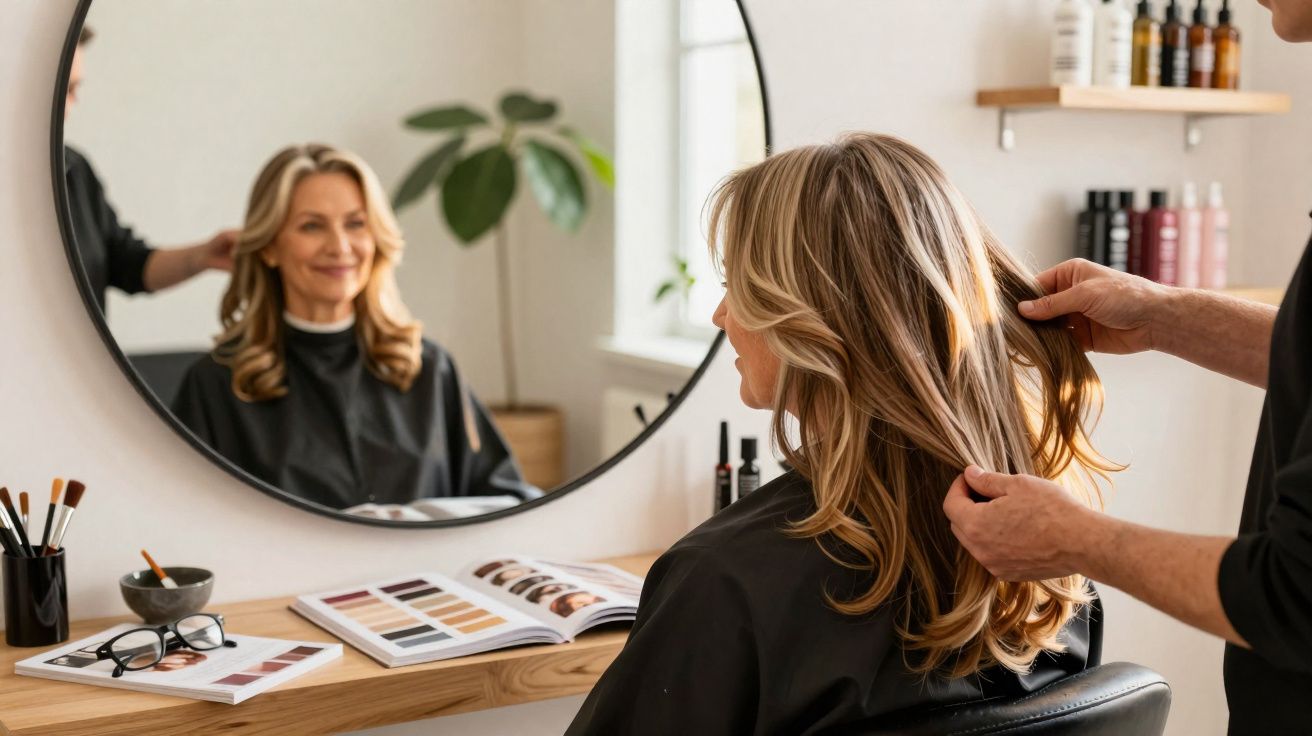 Femme blonde assise chez le coiffeur regardant son reflet dans un miroir rond pendant la coiffure.
