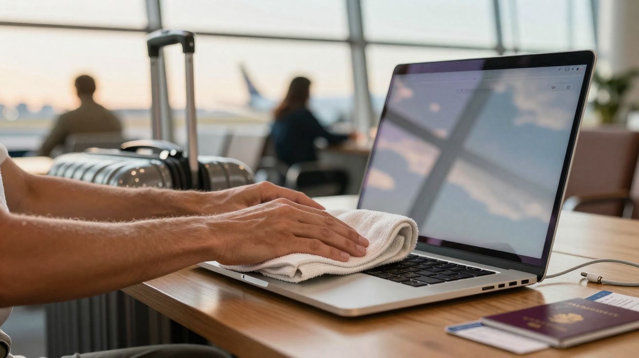 Une personne nettoie l'écran d'un ordinateur portable dans un aéroport avec une valise et un passeport à proximité.