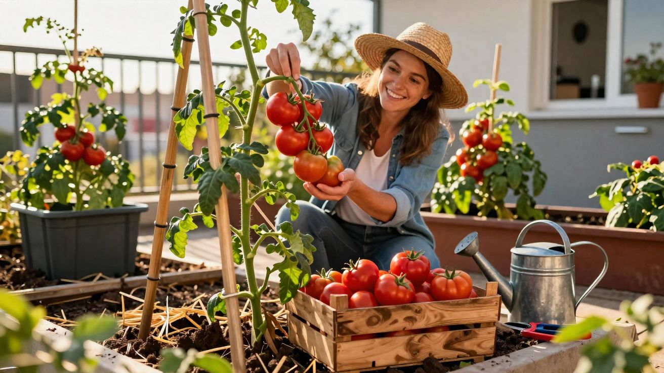Femme souriante récoltant des tomates mûres dans un potager sur une terrasse au soleil.