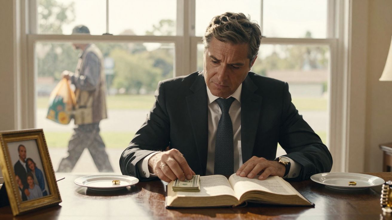 Homme en costume assis à un bureau compte de l'argent sur un livre ouvert, avec alliance et photo de famille à côté.