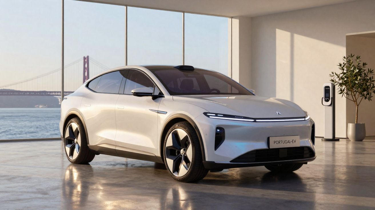 Voiture électrique blanche moderne stationnée dans un garage lumineux avec vue sur un pont et une borne de recharge.