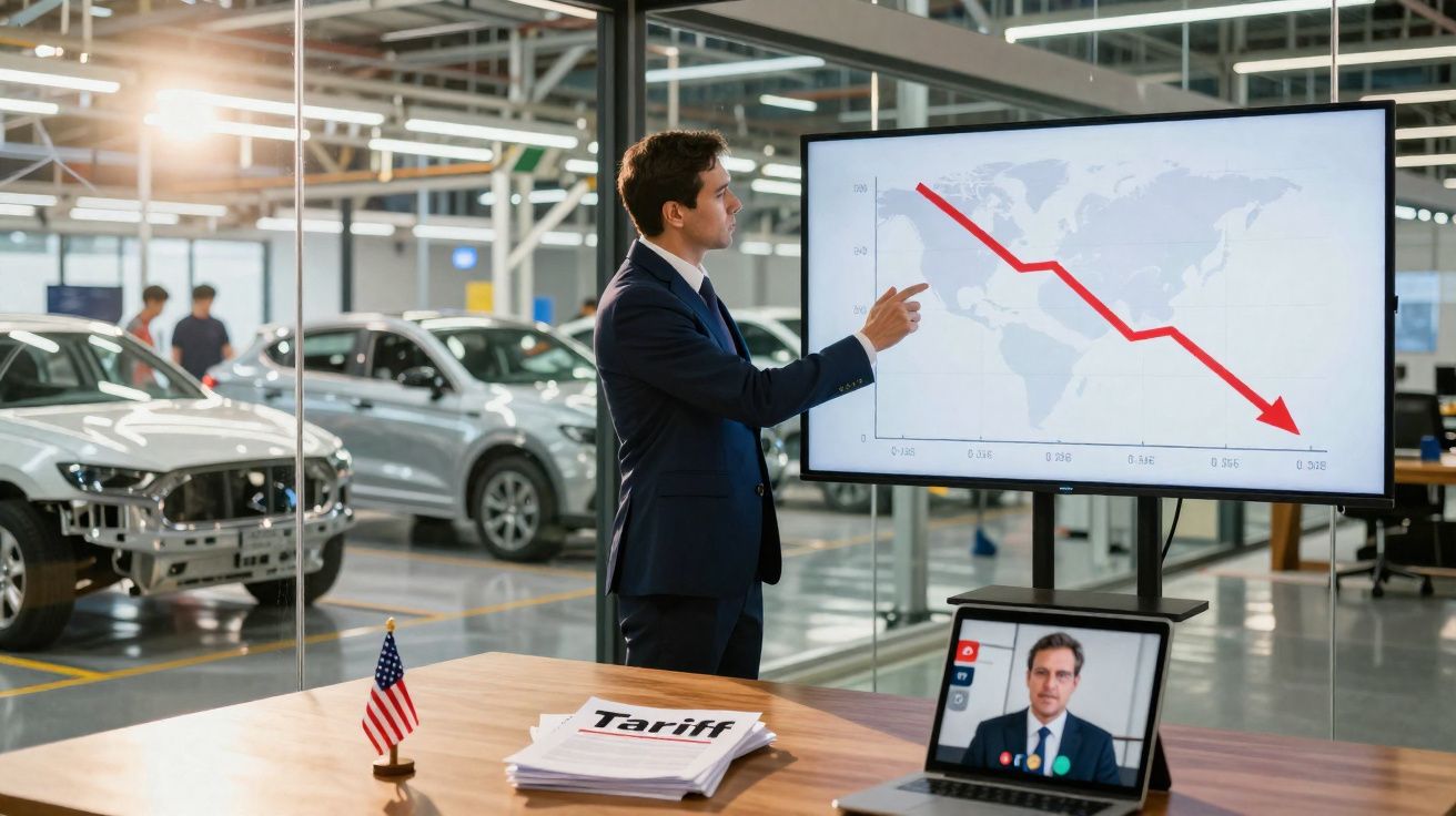Homme d'affaires présentant un graphique en baisse dans une usine automobile, réunion en visioconférence en cours.