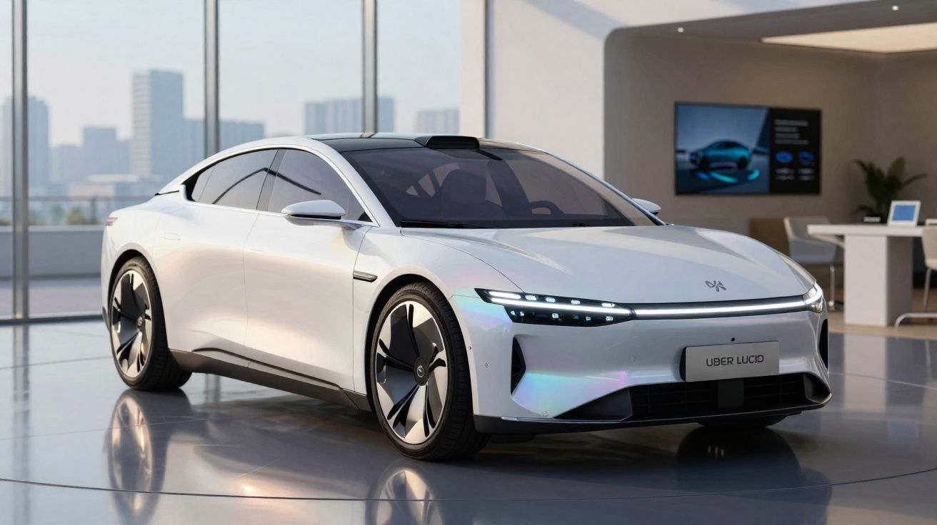 Voiture électrique blanche futuriste Uber Lucid exposée dans un showroom moderne avec grandes vitres.