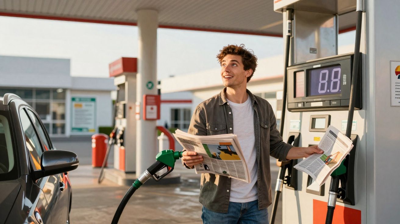 Jeune homme souriant tenant un journal et une pompe à essence à une station-service auprès de sa voiture noire.