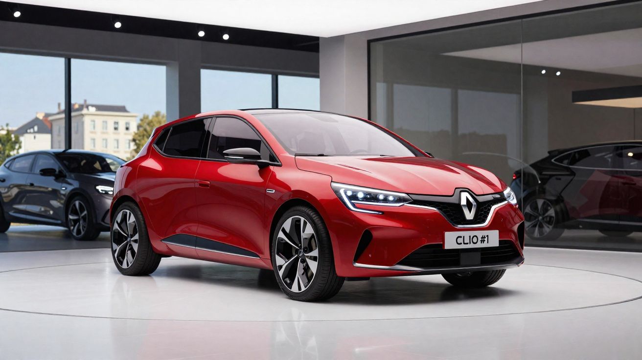Renault Clio rouge exposée en showroom moderne, avec une autre voiture en arrière-plan.