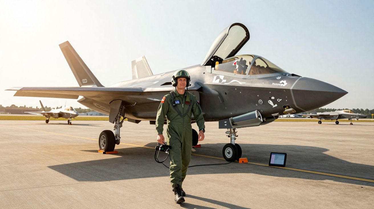 Un pilote en tenue verte marche devant un avion militaire furtif stationné sur un tarmac.