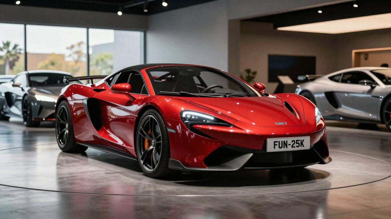 Voiture de sport rouge brillante garée dans un showroom moderne avec deux autres voitures en arrière-plan.
