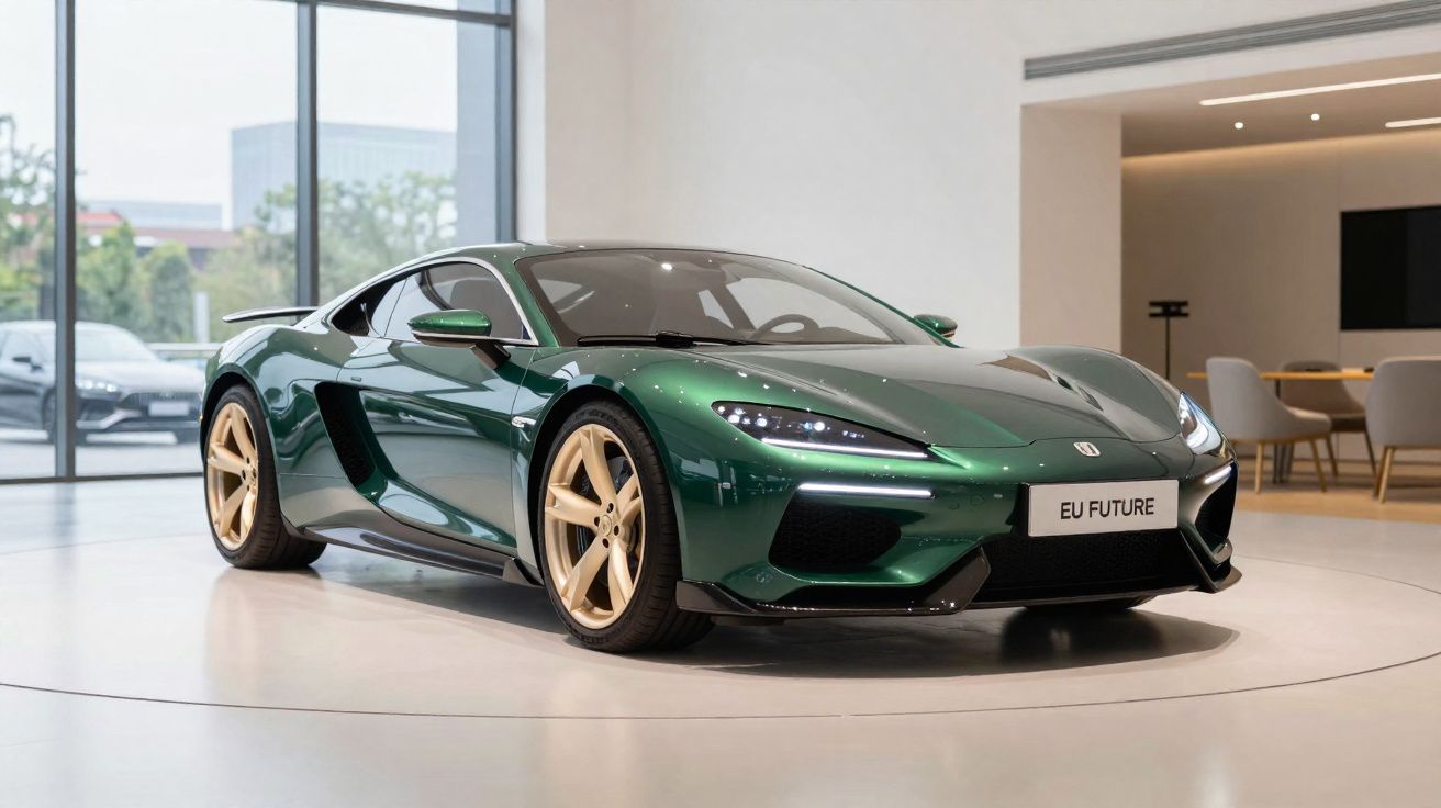Voiture de sport verte brillante au design moderne exposée dans un showroom lumineux avec des fauteuils en arrière-plan.