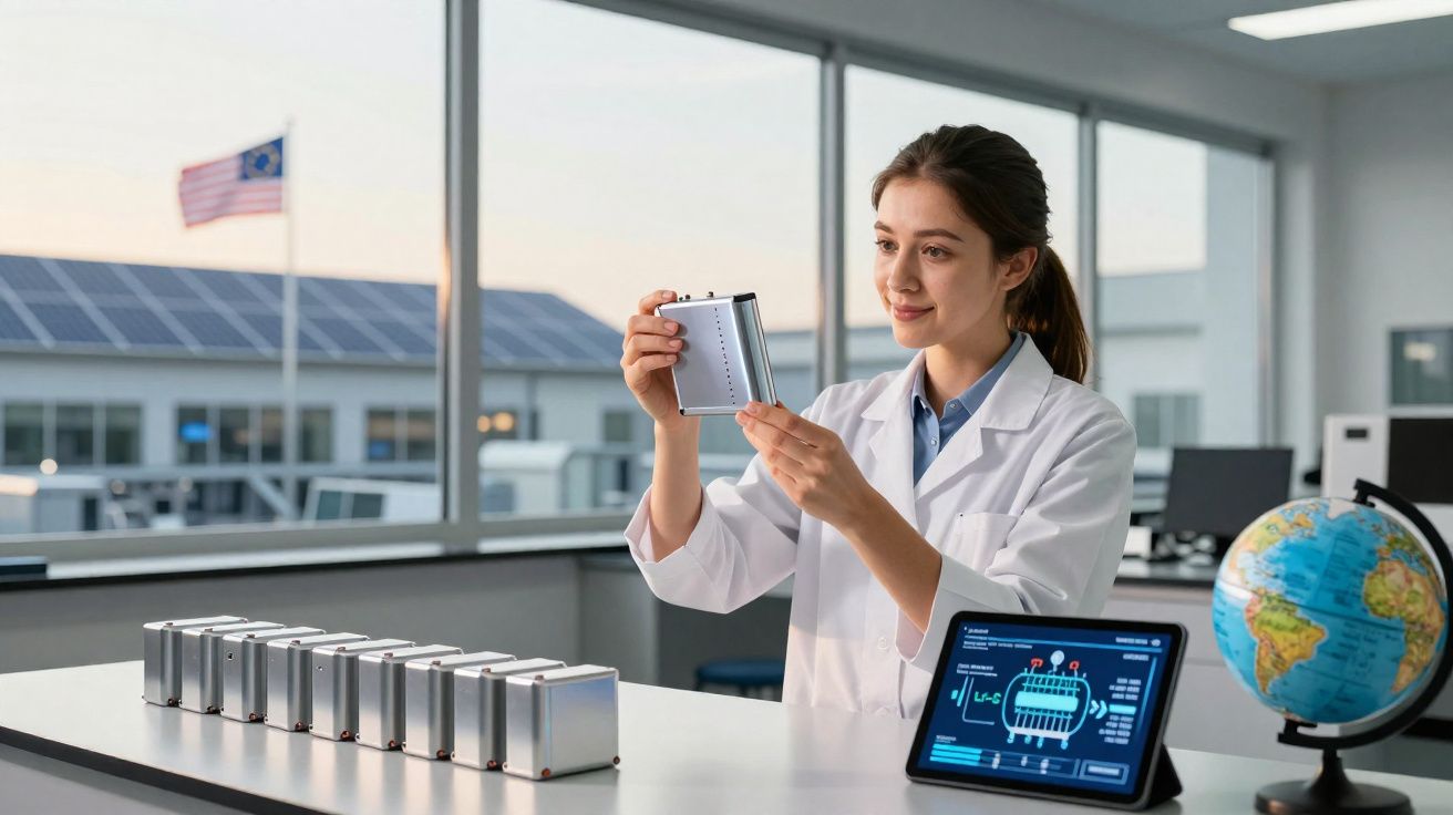 Chercheuse en blouse blanche examinant une batterie dans un laboratoire moderne avec ordinateur et globe terrestre.