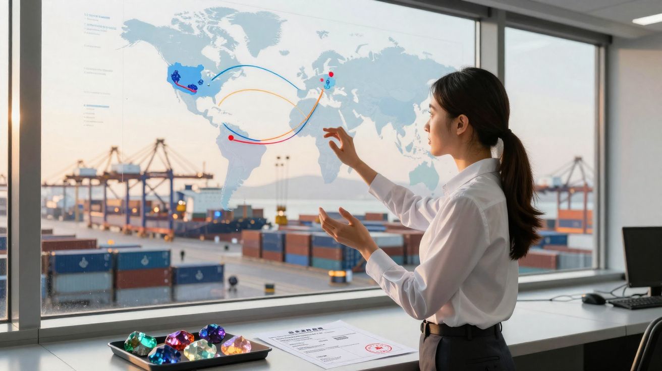 Femme devant une grande fenêtre avec une carte du monde illustrant le transport maritime près d’un port de conteneurs.
