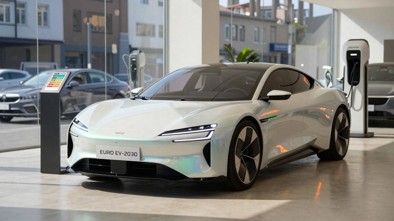 Voiture électrique blanche moderne Euro EV-2030 en recharge dans un showroom avec grandes fenêtres.
