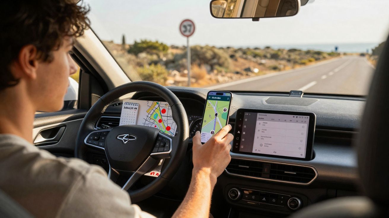 Jeune homme utilise un smartphone avec GPS dans une voiture, carte affichée sur l'écran du tableau de bord.