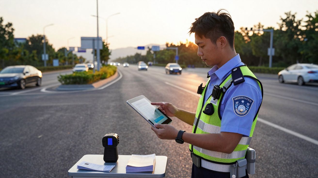 Agent de police en gilet réfléchissant utilisant une tablette sur une route au coucher du soleil.