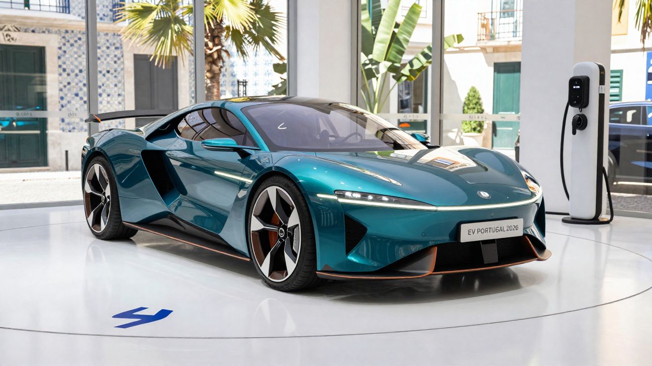 Voiture de sport électrique bleue stationnée à côté d'une borne de recharge dans un showroom lumineux.