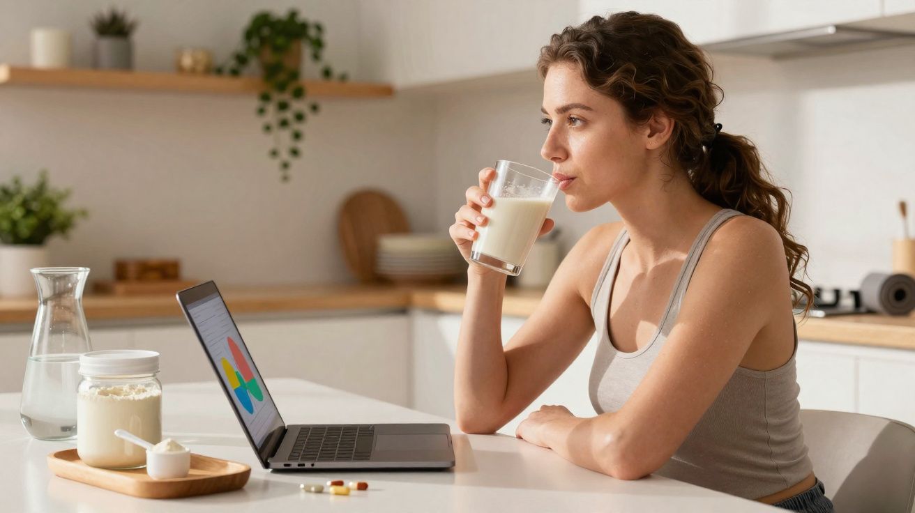 Femme assise à une table, buvant un verre de lait devant un ordinateur portable dans une cuisine lumineuse.