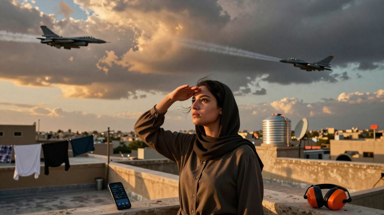 Femme voilée sur un toit regardant deux avions de chasse volants au coucher du soleil.