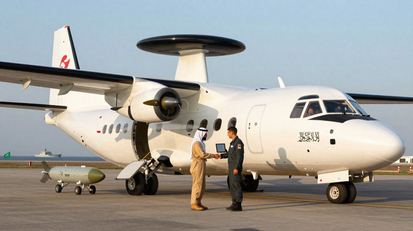 Deux hommes échangent un objet devant un avion militaire à radar aéroporté stationné sur une piste.