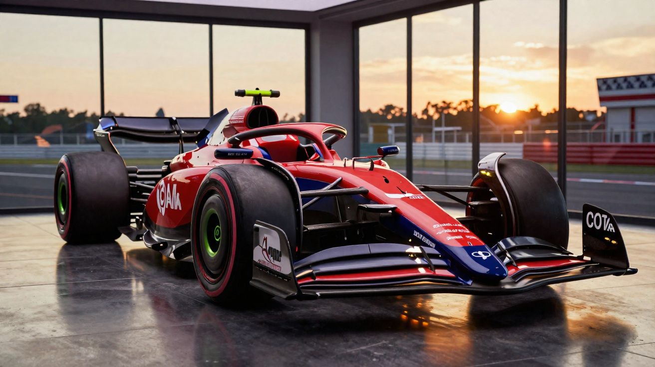 Voiture de Formule 1 rouge et bleue garée dans un garage avec vue sur circuit au coucher du soleil.
