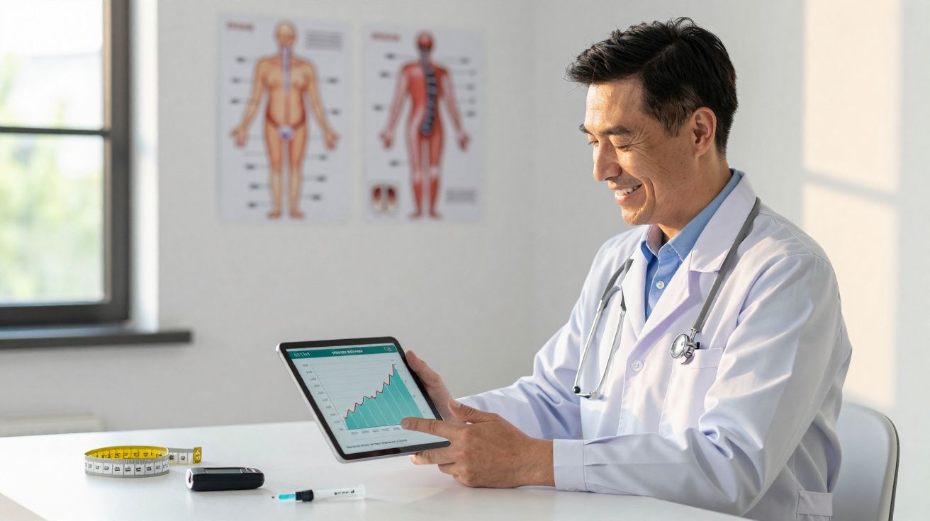 Médecin souriant en blouse blanche consultant un graphique sur une tablette, avec matériels médicaux sur la table.