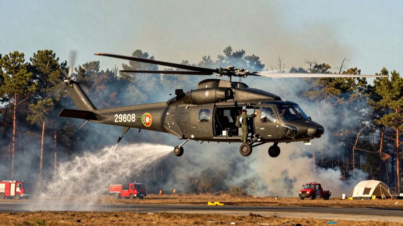 Hélicoptère militaire larguant de l'eau pour éteindre un feu de forêt près de camions de pompiers et d'une tente.