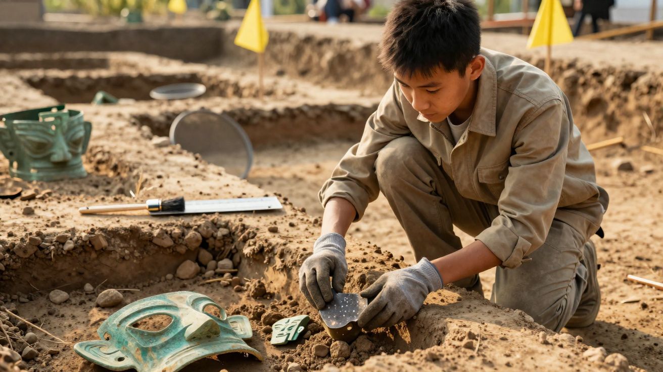 Jeune archéologue fouillant un site et examinant des artefacts anciens en terre battue.