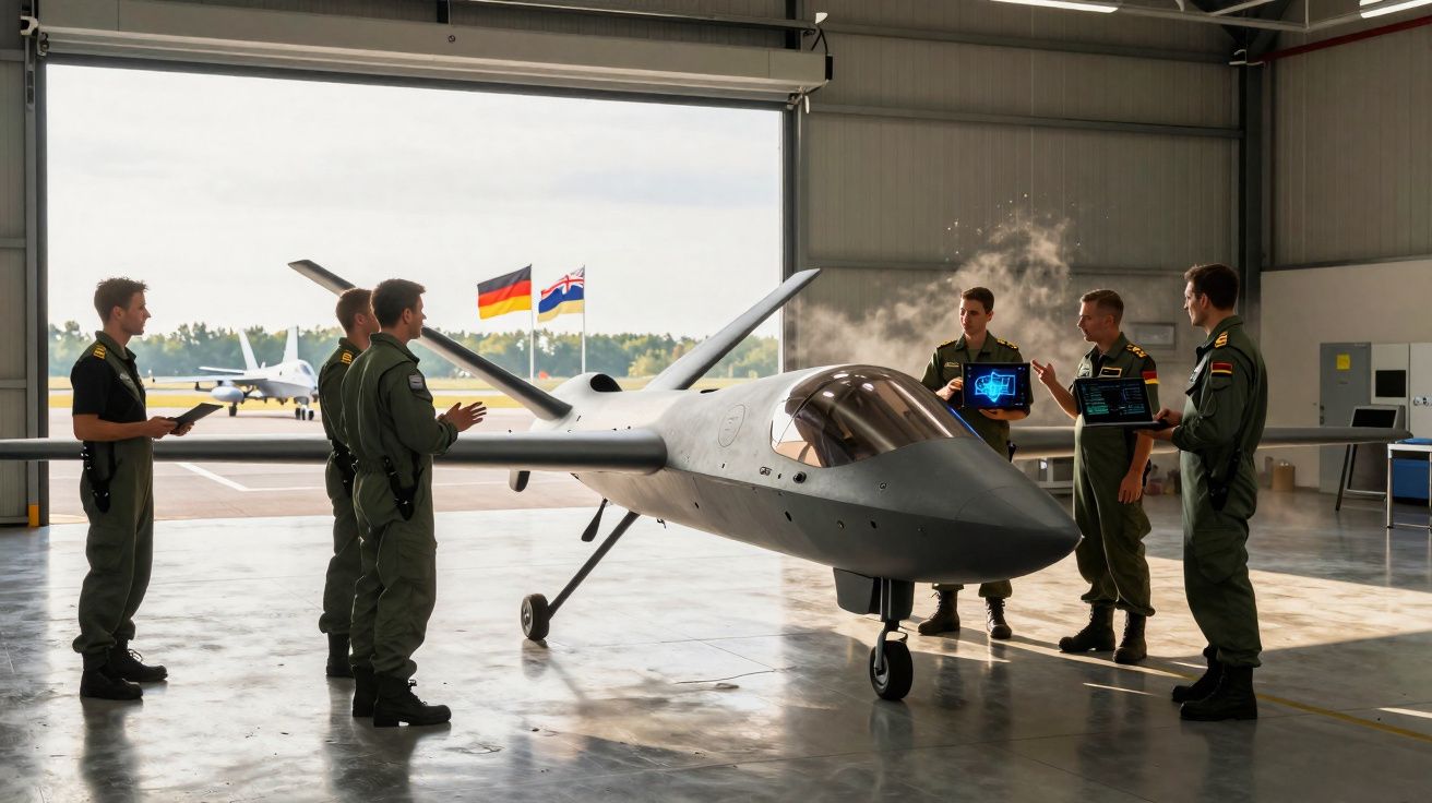 Cinq pilotes militaires discutent autour d’un drone futuriste dans un hangar aéronautique avec drapeaux en arrière-plan.