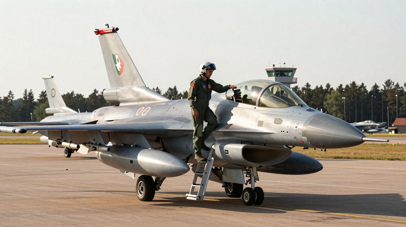 Pilote en combinaison monté sur un escabeau entrant dans un avion de chasse stationné sur un tarmac.